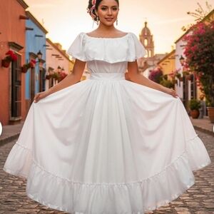 Mexican White Peasant Blouse And Skirt Set White